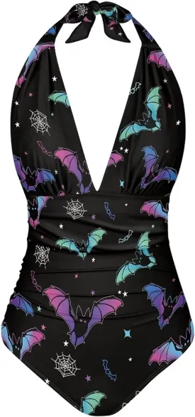 Women's Halter Swimsuit One Piece Bathing Suit V-Neck Tummy Control Swimwear
