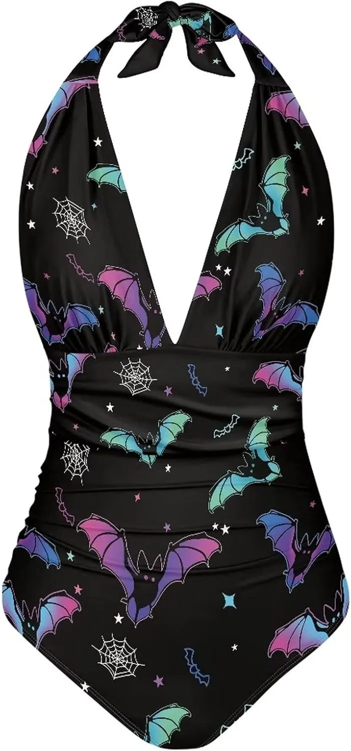 Women's Halter Swimsuit One Piece Bathing Suit V-Neck Tummy Control Swimwear